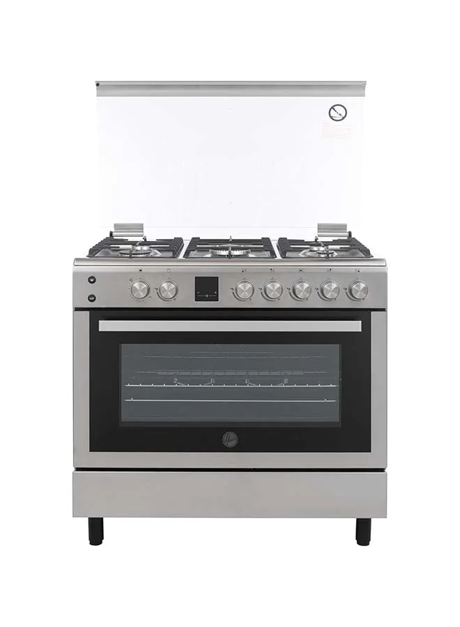 Premium Freestanding Gas Oven with 5 Burners, Grill, Rotisserie, and Cast Iron Pan Support (Silver, 90x60 cm) 75j9x