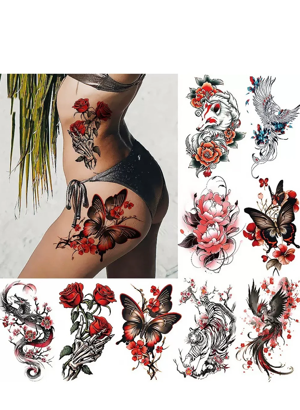 Premium Temporary Tattoos Set Waterproof Animal and Floral Art Transfers for Men and Women (Black and Multi-Color, 1 Pack) 3jagl