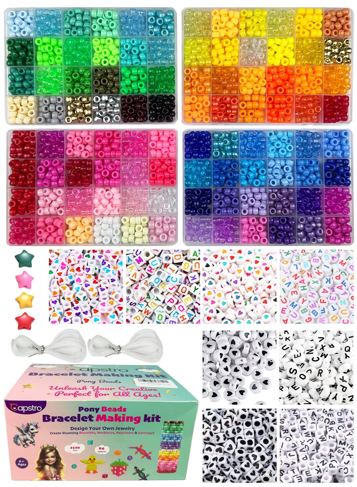 Capstro Pony Beads Bracelet Making Kit (3250 Pieces, 96 Colors) DIY Jewelry Craft Set with Letter and Heart Beads for Friendship Bracelets 2m129