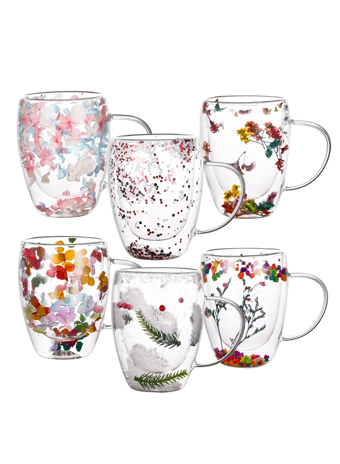 XiuWoo Double Wall Coffee Mugs Set, Insulated Heat Resistant Glass Cups with Handle for Hot and Cold Beverages (Clear, 6 Pack) lww92