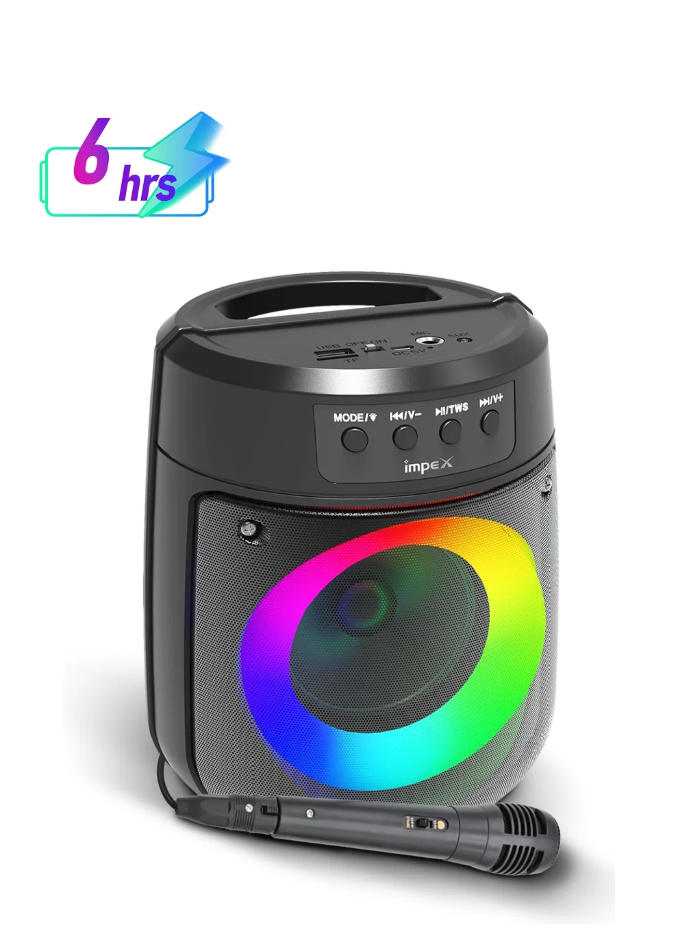 Impex Portable Wireless Bluetooth Speaker with Magic Ring Light and Wired Microphone (Black, 4-inch) 0jd4o