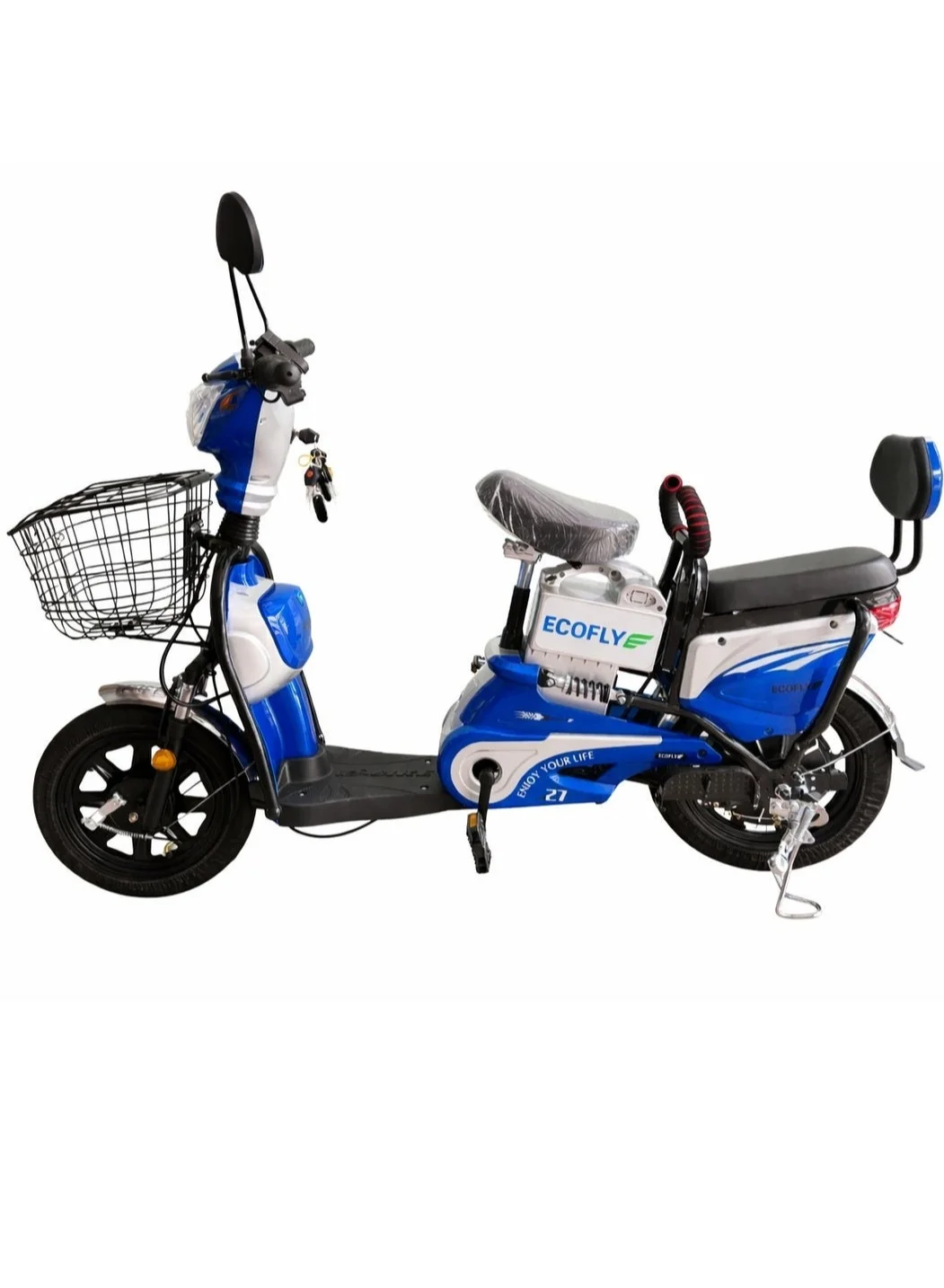 ECOFLY Electric Scooter Delivery E-Bike 500W 48V High Speed Dual Seat with Backrest and Basket (Blue, 16 Inch Tires) znrm5