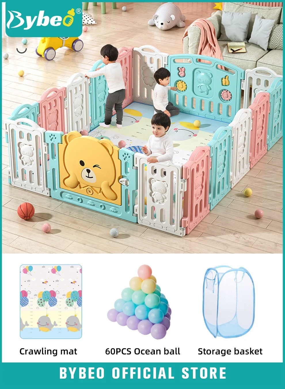 Bybeo Foldable Baby Playpen Activity Center with Gate and Game Board (16 Panel) lkecx
