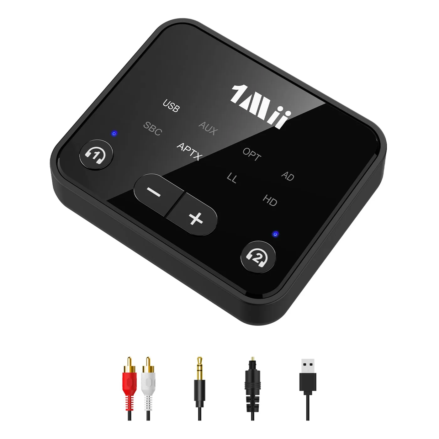 1Mii Bluetooth 5.3 Audio Transmitter for TV Dual Headphone Connection (Long Range 30m, aptX Adaptive, Optical/USB/AUX/RCA Inputs) hxa9f