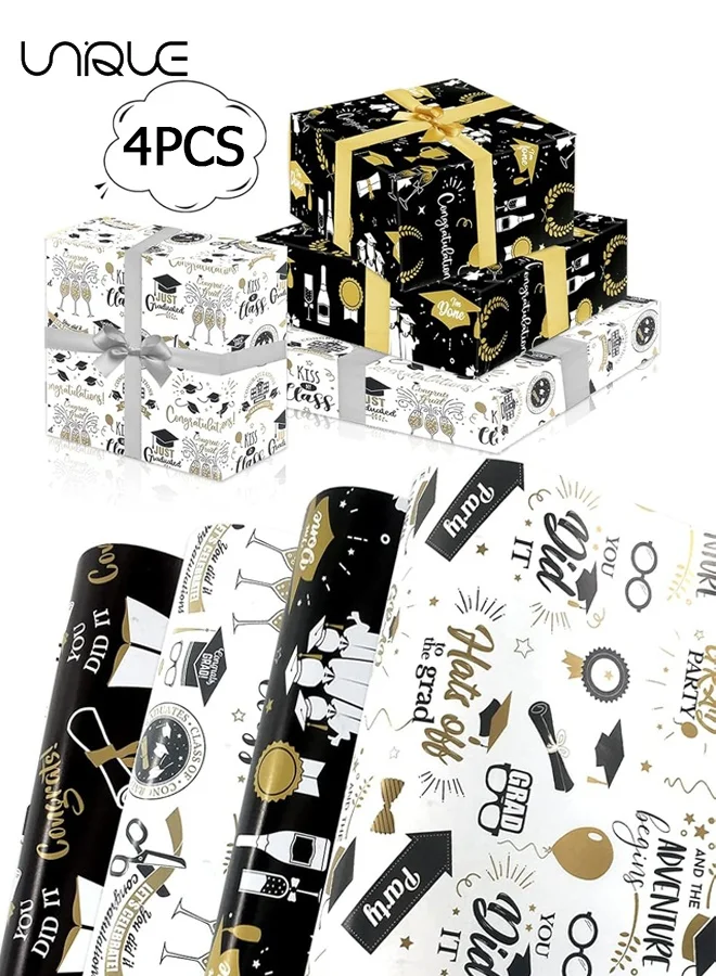 Unique Graduation Gift Wrapping Paper Set (Black, White, Gold, 4 Patterns, 50x70cm, 4-Pack) ycgv3