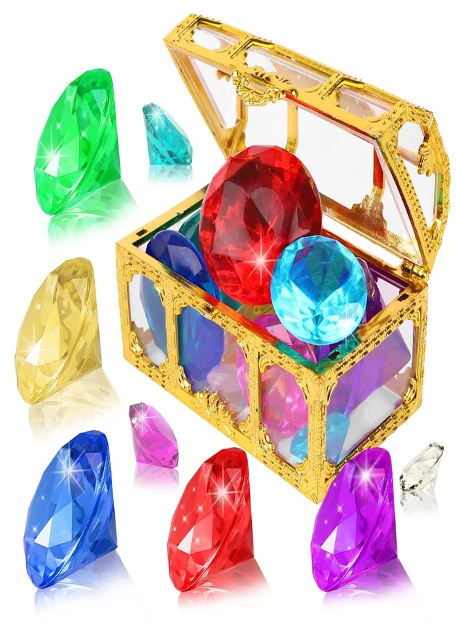YUJUN Diving Gem Pool Toys Set with Treasure Pirate Chest Box, 10 Colorful Large Acrylic Underwater Diamonds for Kids Swimming Pool Party Favors v9x11
