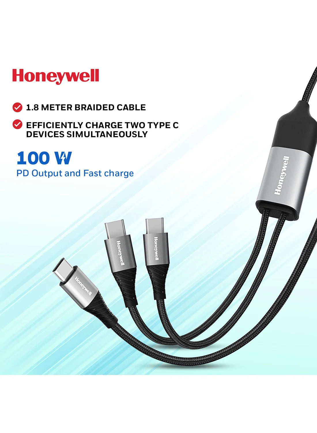 Honeywell Type C to Dual Type C Fast Charging Cable (100W PD, Braided, Silver, 1.8 m) 35rbo