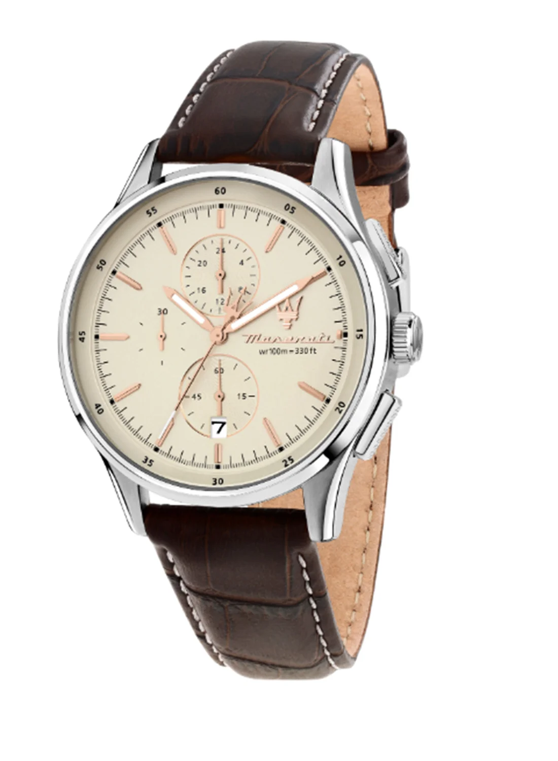 Premium Chronograph Men's Watch with Beige Matt Dial and Brown Leather Strap (42mm) 2ey6i