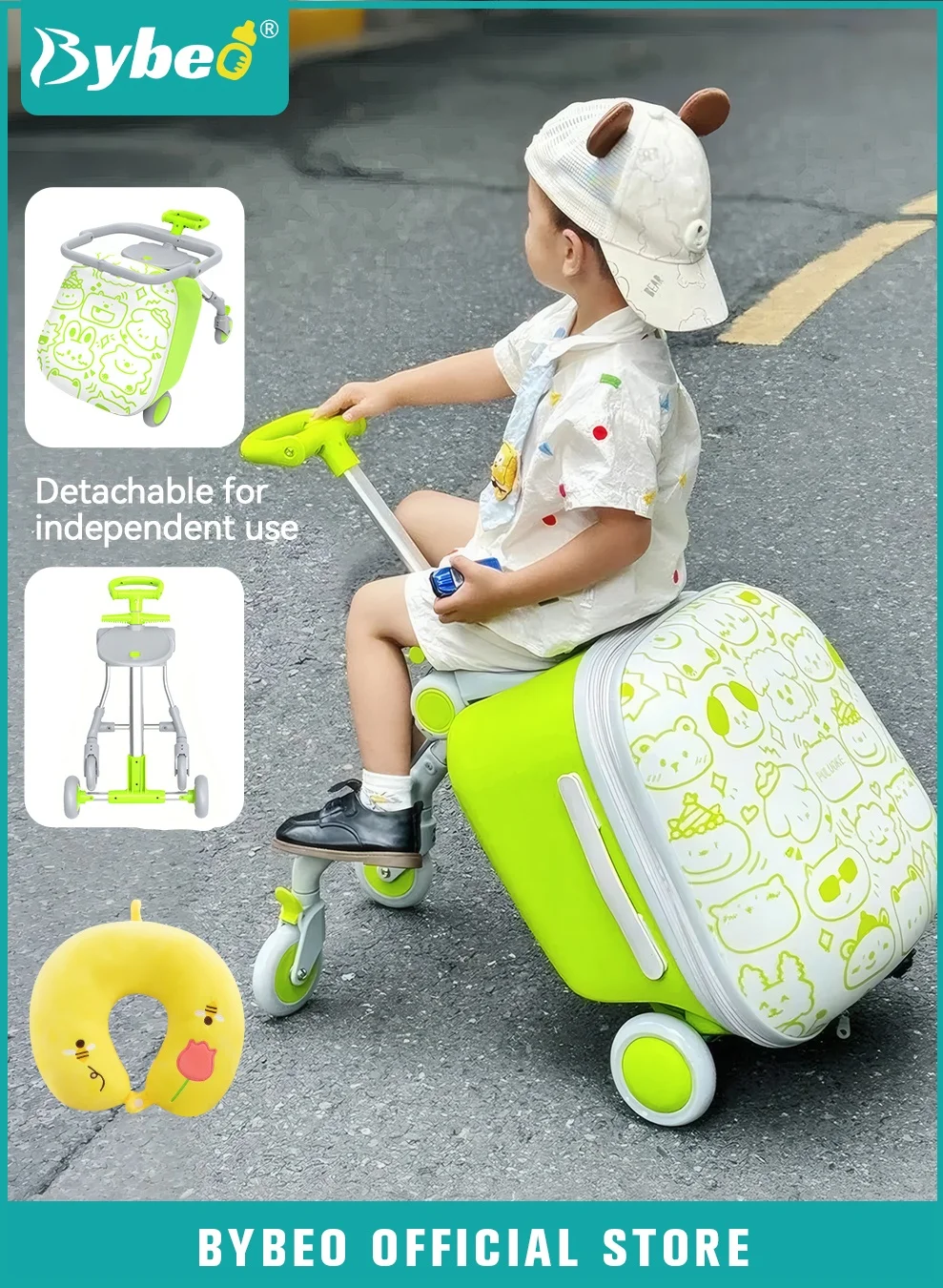 Bybeo Kids Ride-on Luggage Set, 20-inch Expandable Rolling Suitcase with Guardrail and U-Shaped Pillow (2-Piece Set) jmada