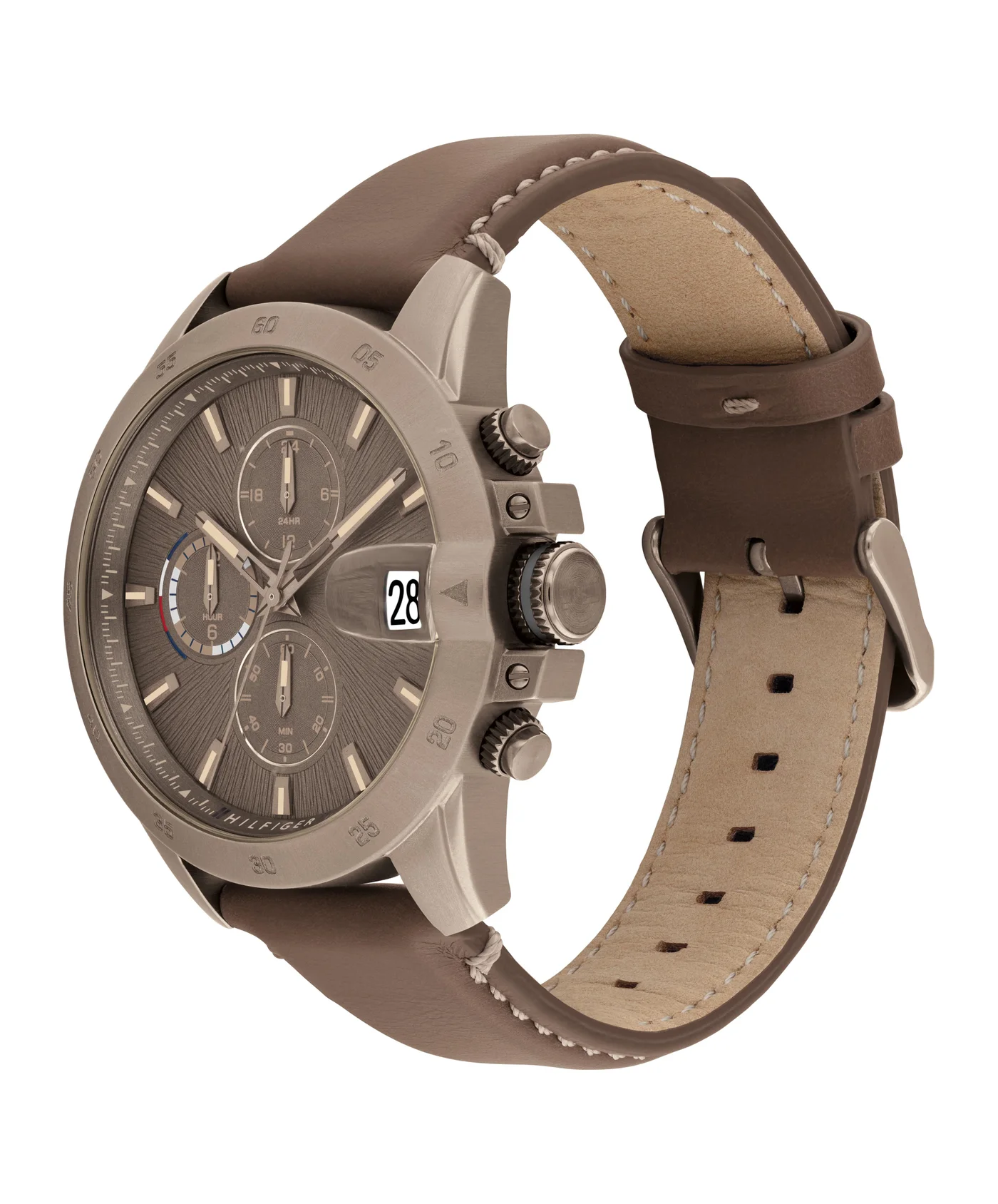 Premium Multifunction Men's Quartz Watch with Khaki Steel Case and Leather Band (One Size) kf5cd