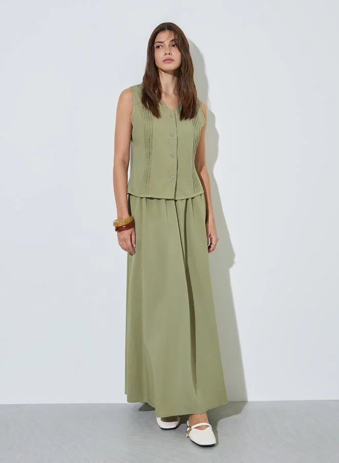 Styli Green Pintuck Detail Top and A-Line Maxi Skirt Set (Premium Two-Piece Outfit for Women) z39c0