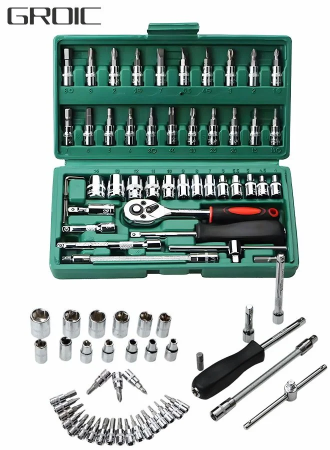 GROIC 46-Piece 1/4-inch Drive Socket Ratchet Wrench Set Professional Hand Tool Kit with Storage Case for Auto Repair and Household Maintenance dod04