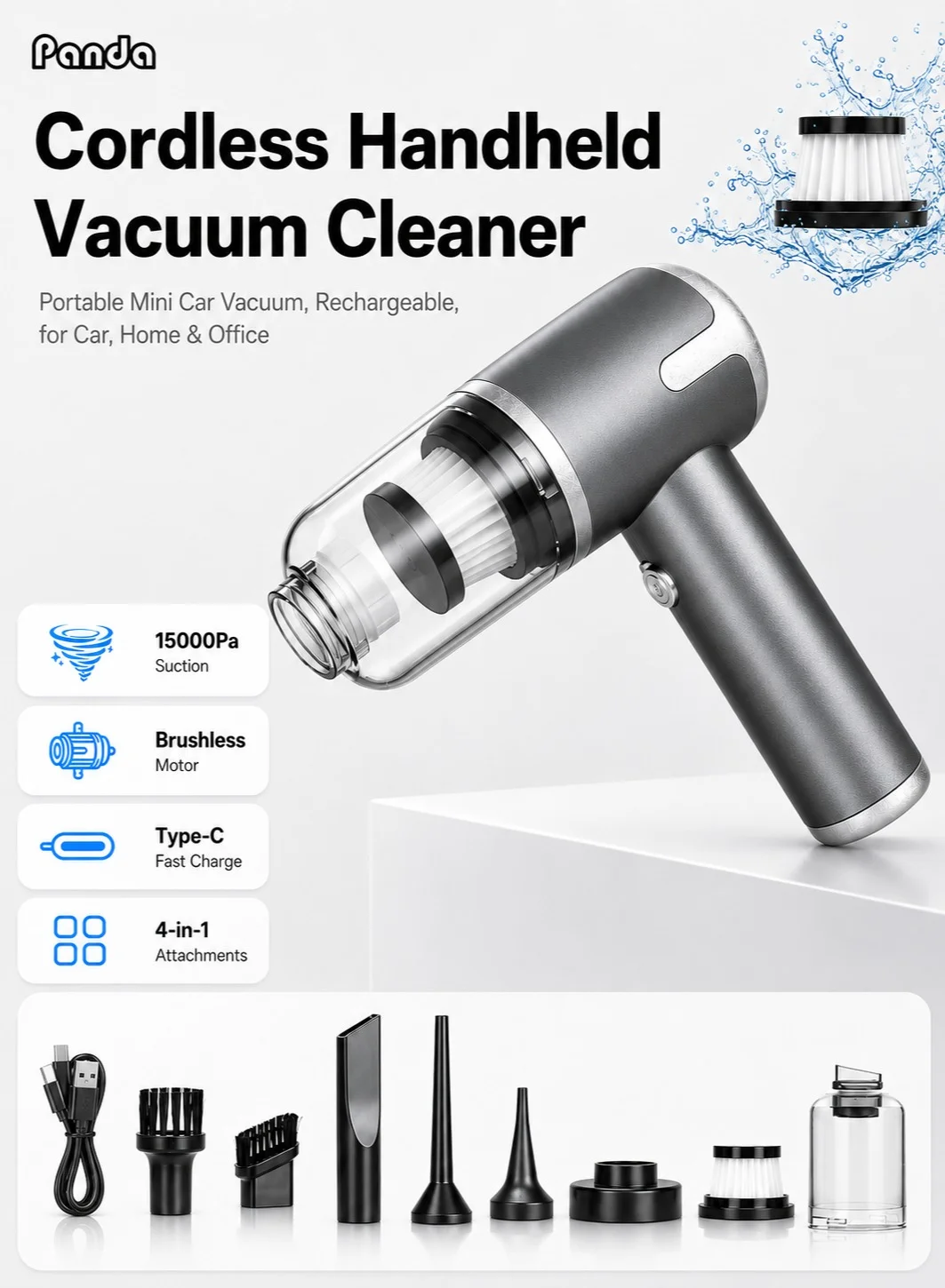 Panda Cordless Handheld Vacuum Cleaner 4-in-1 Portable Mini Air Blower and Pump (15000Pa Suction, Type-C Fast Charge) 0pnn7