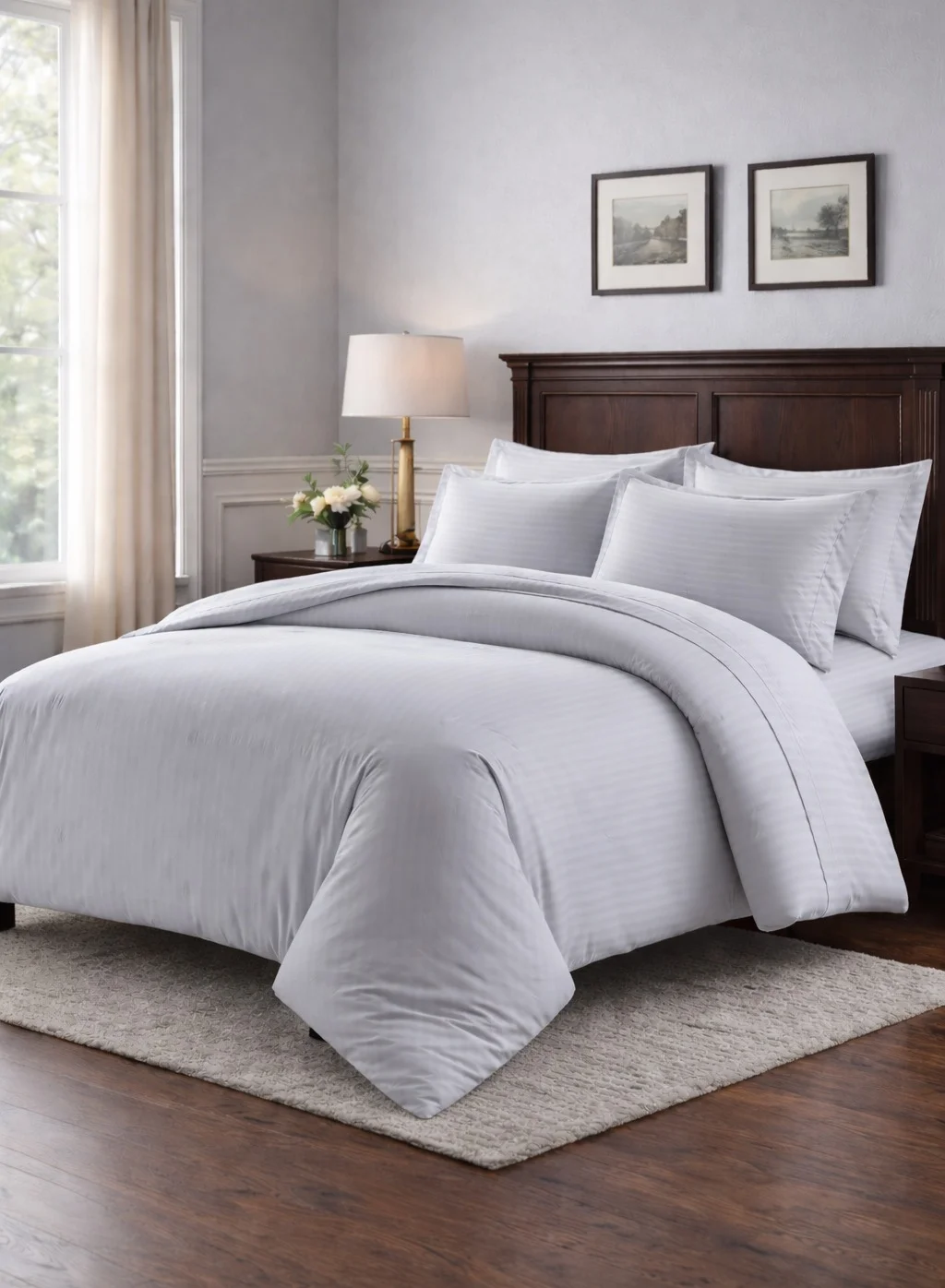 My Cotton Luxury Striped Duvet Cover Set (Light Gray, 6-Piece King Size 220x240 cm) Premium Microfiber Bedding with Fitted Sheet sfqdb