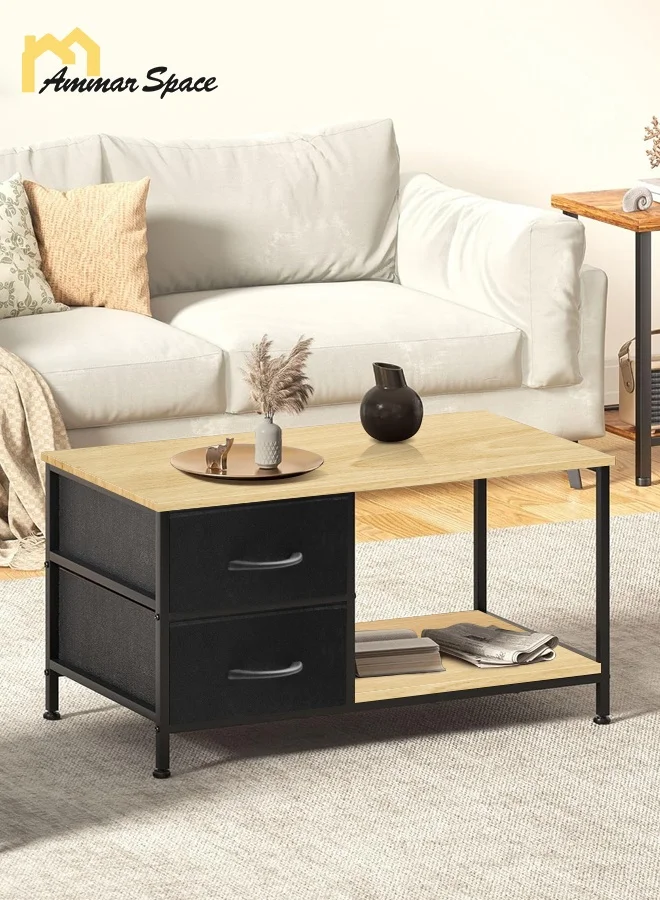 Ammar Space Coffee Table with Storage Drawers 2-Tier Rectangle Wood and Metal Accent Table for Living Room (Brown, 100cm x 50cm) v7uuf