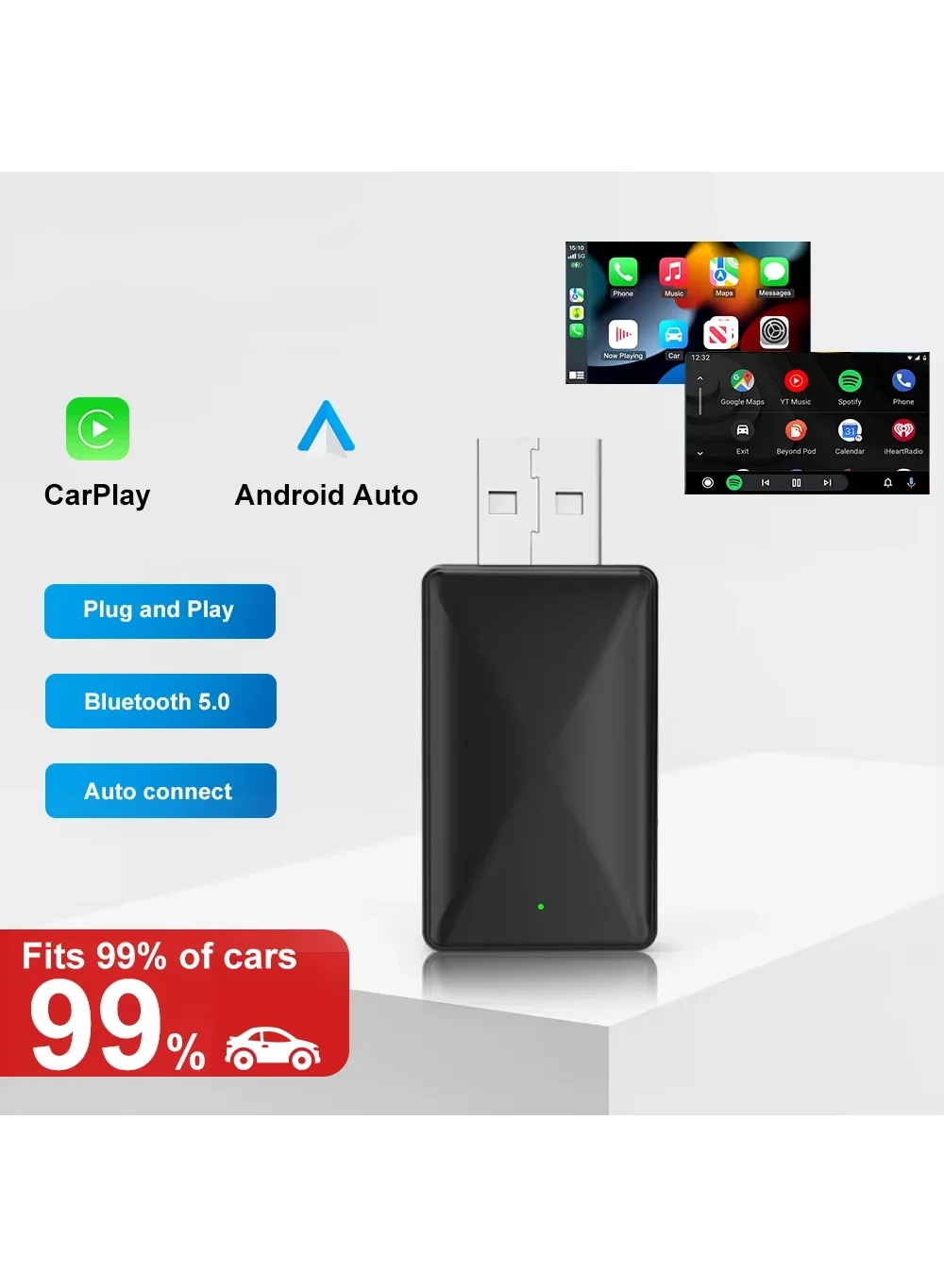 EzzySo Mini Wireless 2-in-1 Adapter for Smartphone and Android Auto Connectivity (USB-C, Plug and Play) lut77