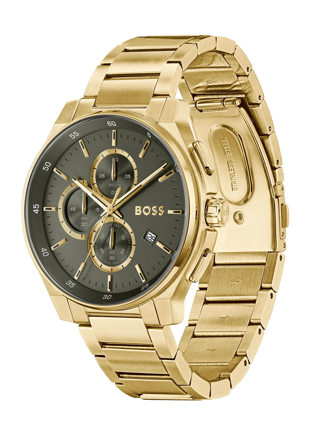 Premium Round Chronograph Men's Watch Olive Green Case Stainless Steel (One Size) kw5ni