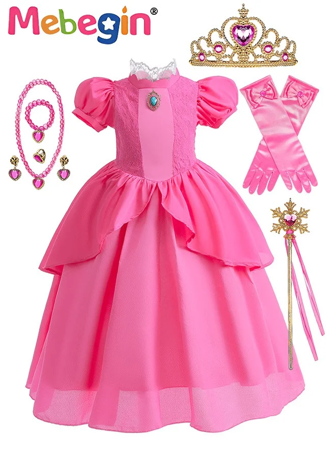 MEBEGIN Princess Dress Costume Set with 7 Accessories, Elegant Puff Sleeve Outfit for Girls (Multi-Color, 1 Set) k1dpu