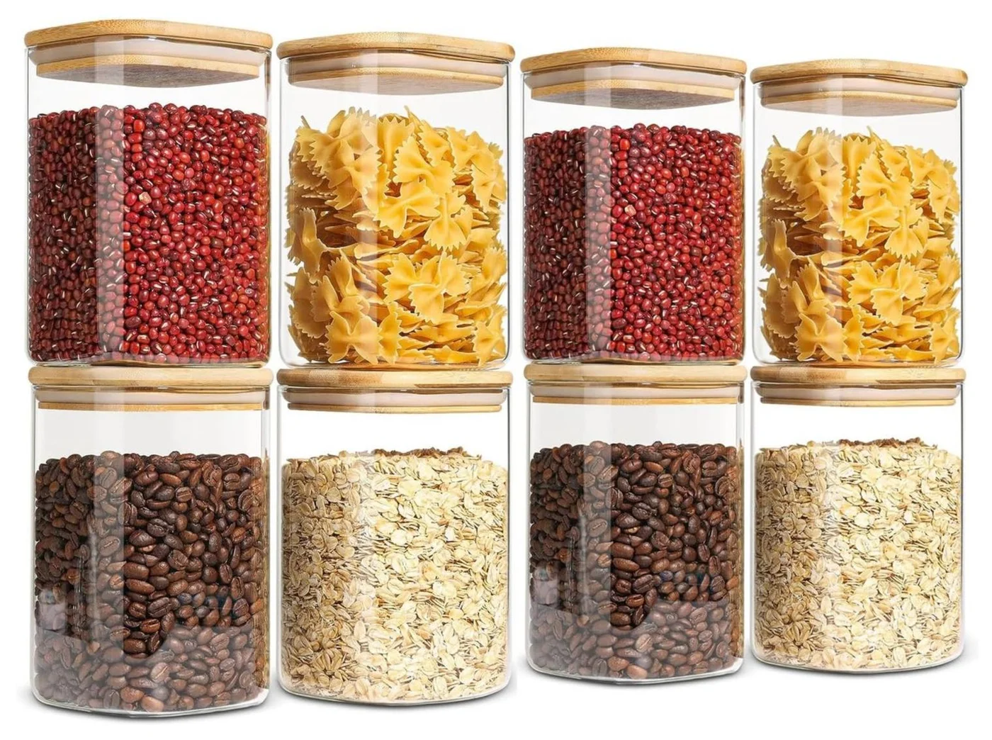 TYCOM Glass Food Storage Jars Set with Wood Lids, Airtight Kitchen Containers for Spices and Cereals (500 mL, 8 Pieces) 3ty05