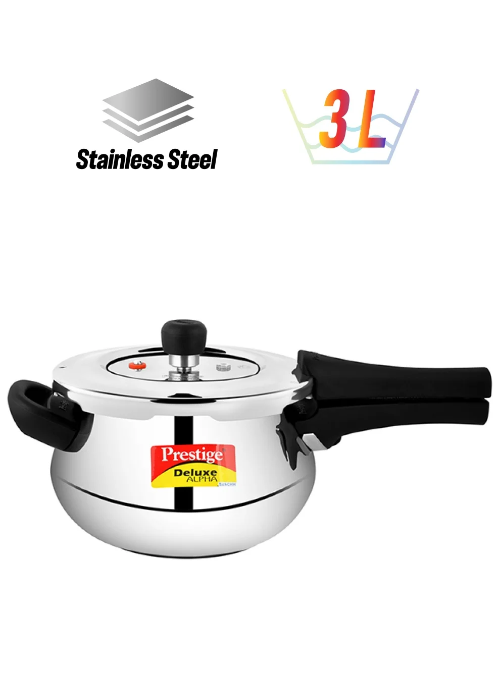 Prestige Deluxe Alpha Stainless Steel Pressure Cooker with Spillage Control (Silver, 3L) 3odan