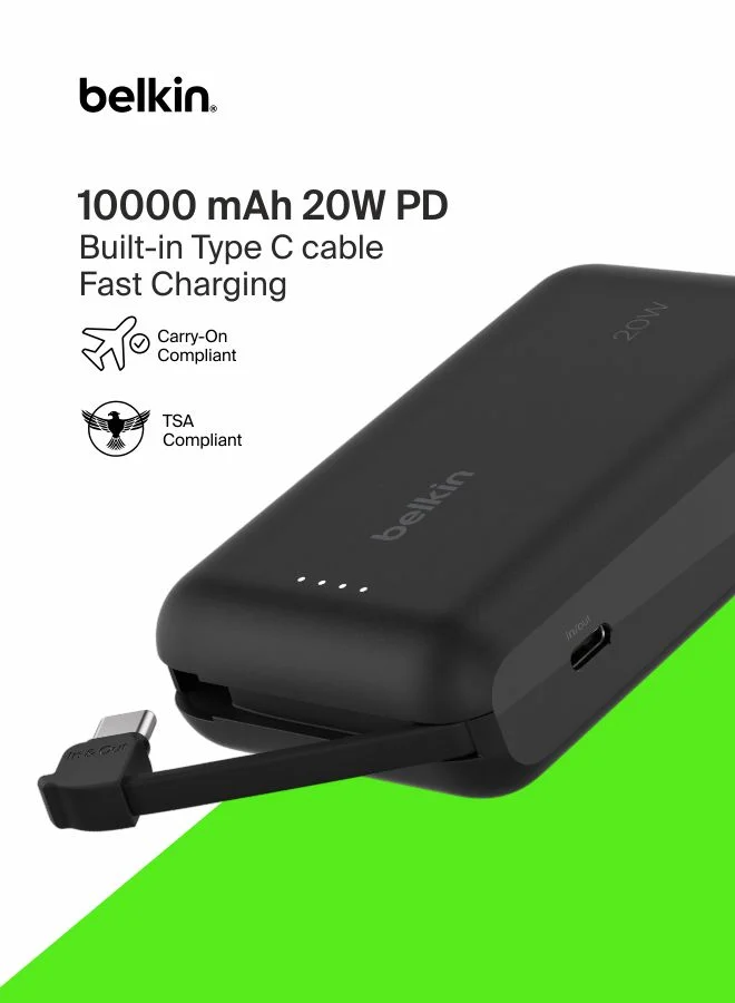 Premium Portable Power Bank 10000mAh with Integrated Cable PD 20W Fast Charging (Matte Black, 10000mAh) 79iap