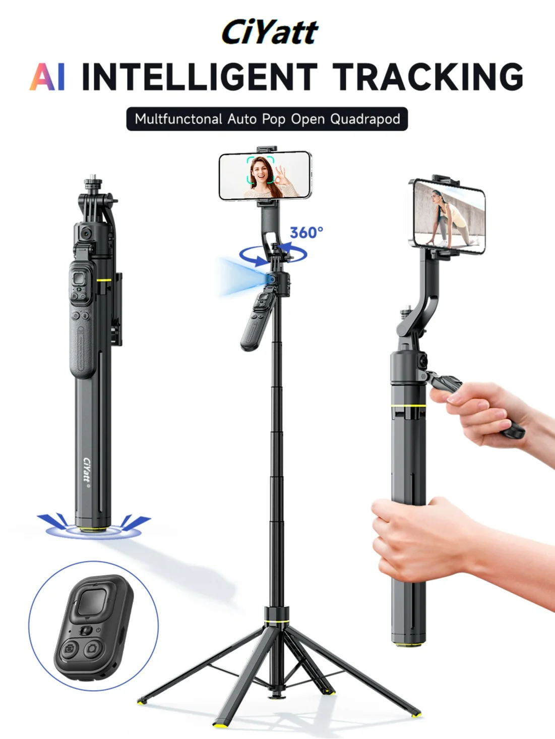 CiYatt AI Tracking Gimbal Quadrapod with Gesture Control and Bluetooth Remote (164cm, Aluminium) j4tb3