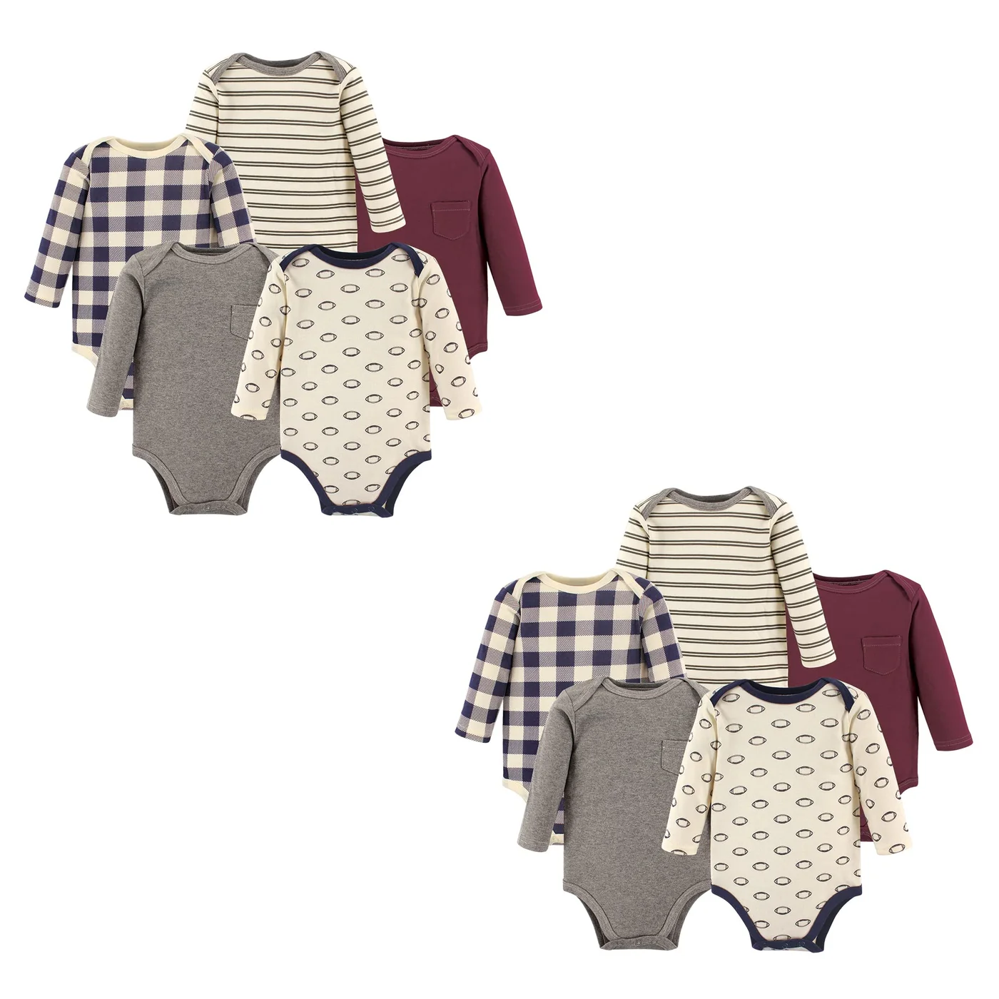 Premium Cotton Long-Sleeve Bodysuits Set for Infants (Burgundy Football, 10-Piece, 0-3 Months) ww506