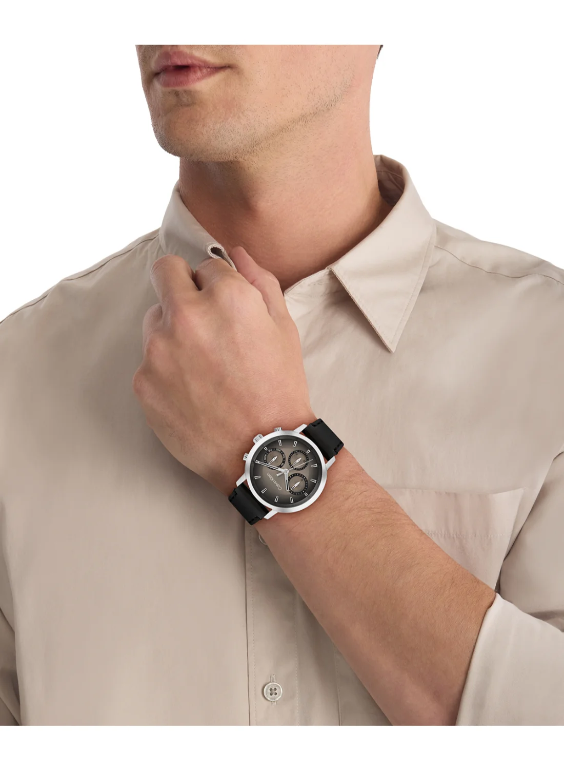 Premium Analogue Multifunction Quartz Watch for Men with Black Leather Strap (44mm) ez2s2