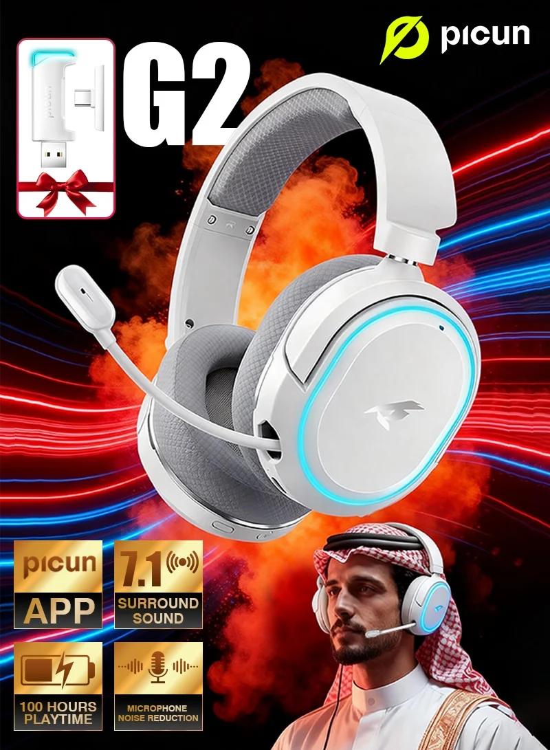 PICUN G2 Wireless Gaming Headset with 7.1 Surround Sound and ENC Noise Canceling Microphone (Black, Over-Ear) jouwj