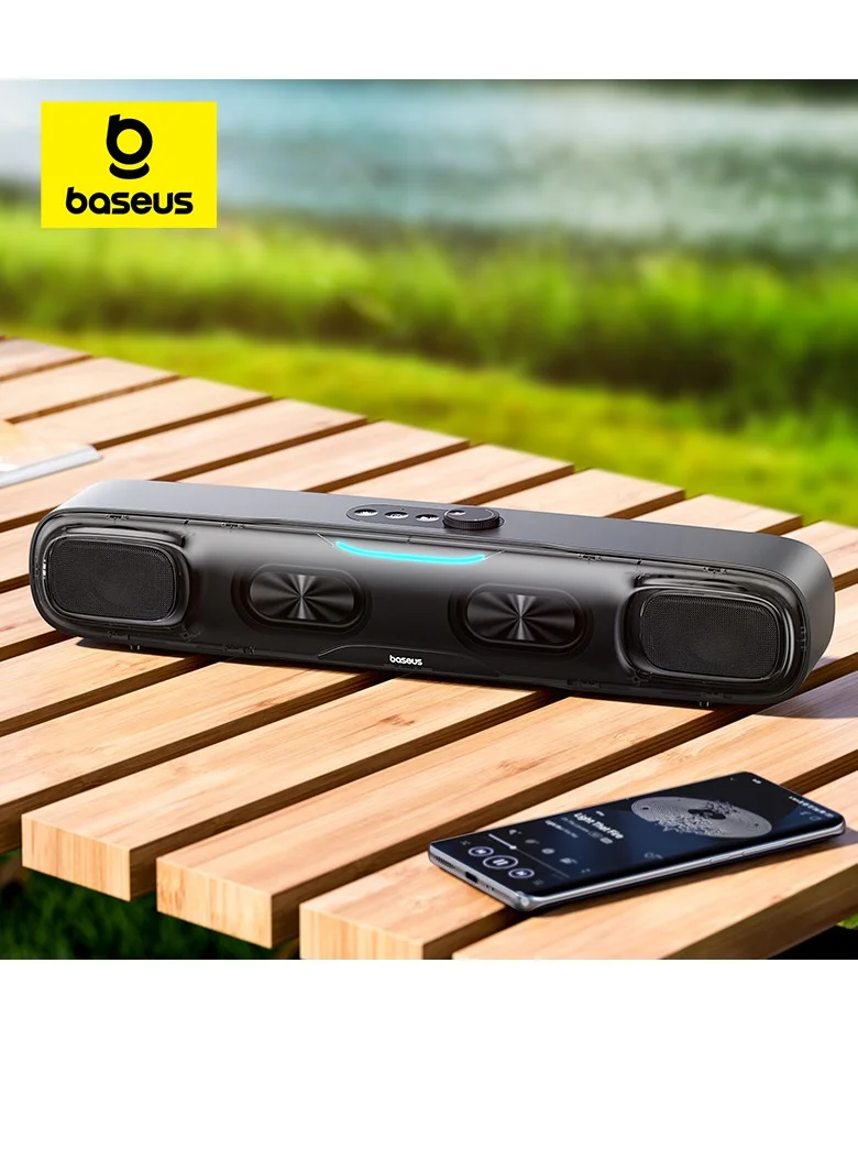 Baseus Wireless Soundbar Speaker Bluetooth 5.3 Mini Audio System with RGB Lighting and Microphone for TV PC and Projectors (Black) 3uqao