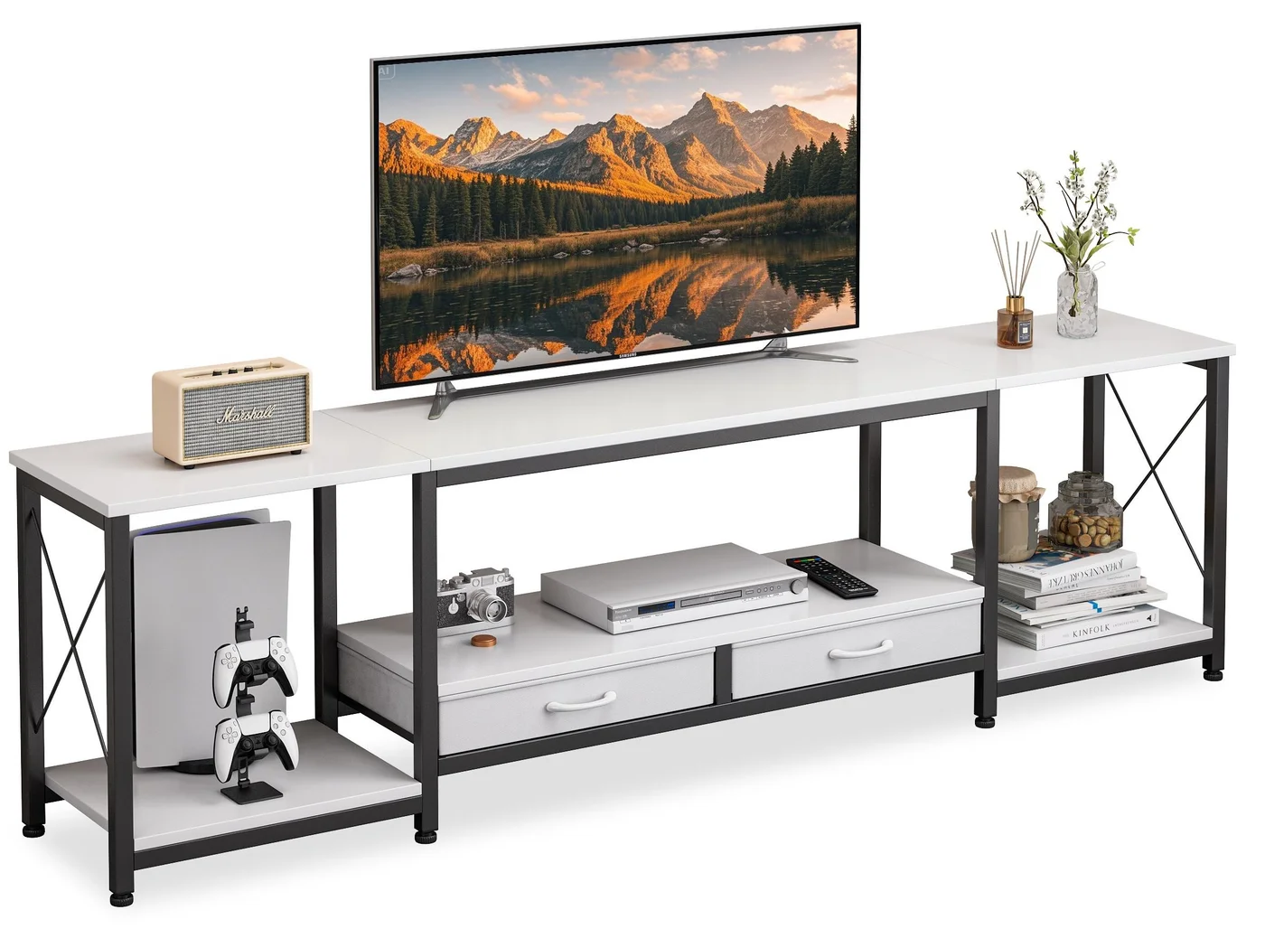 FAMAPY Modern TV Stand with Fabric Cabinet and Open Shelves Media Console for Living Room (White, 175x40x50cm) 66i2z
