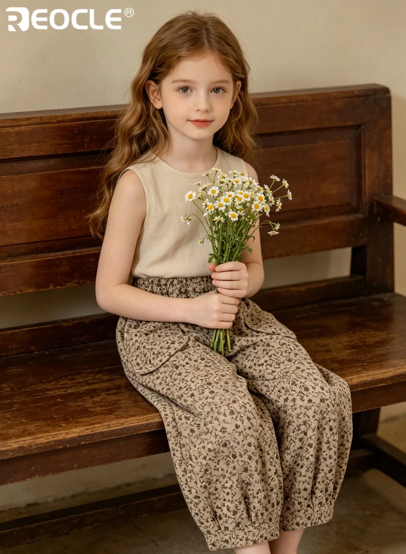 REOCLE Girl's Blossom Print Casual Trousers Loose Fit Elastic Waist Autumn Wear (Floral, 120cm) bei6t