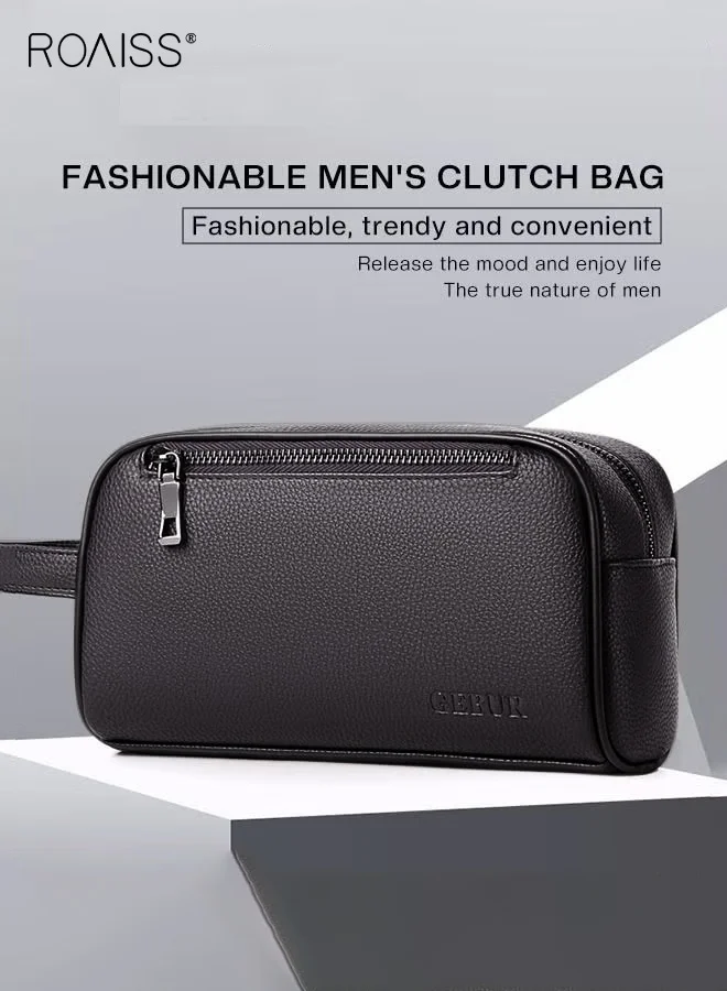 Roaiss Premium Leather Men's Clutch Bag Retro Business Handbag with Multiple Card Slots (Brown, 25 cm x 15 cm) npf6c