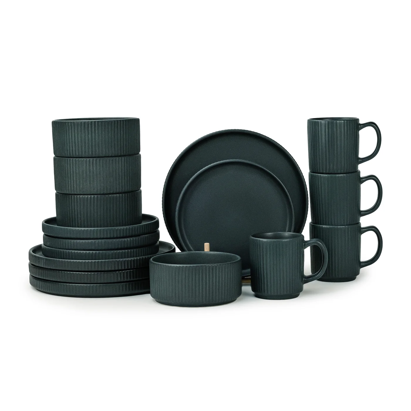 Premium Stoneware 16-Piece Dinnerware Set, Vertical Ribbed Texture, Dark Grey, Service for 4 People it9ya
