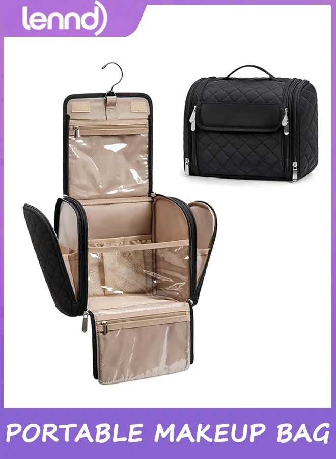LENND Hanging Makeup Bag for Women, Large Capacity Portable Cosmetic Organizer Case with Hook for Travel and Home (Black, 25 x 15 x 10 cm) x2j6v