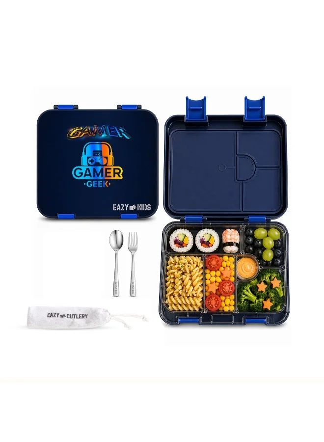 Eazy Kids Convertible Bento Lunch Box with Stainless Steel Spoon and Fork Set (Gamer Black, 6-Compartment) 6113s