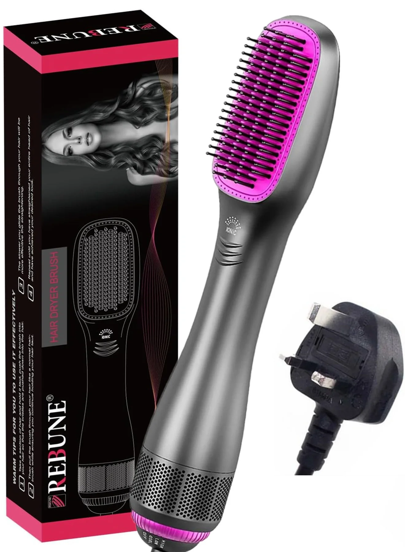 REBUNE One-Step Hair Dryer Brush 1200W Professional Hot Air Styler (Grey/Pink, 1 Unit) lwcbt