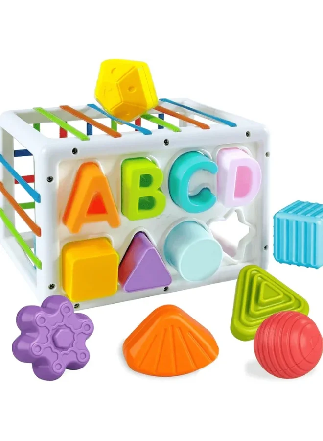 Educational Shape Sorter Sensory Bin Set with Alphabet and Geometric Blocks (15-Piece, Multi-Color) higq6