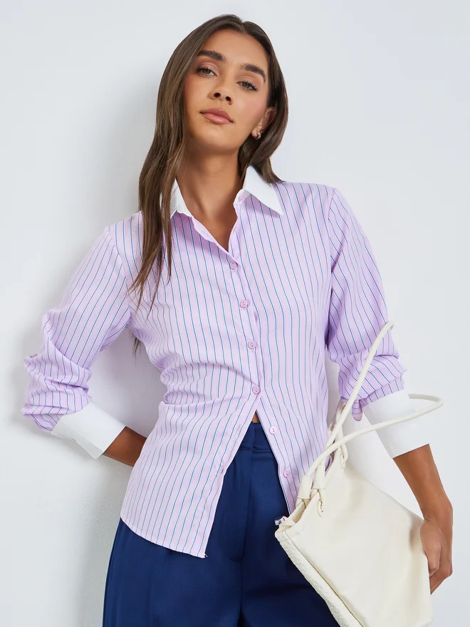 Styli Pinstripe Shirt with Contrast Cuffs (Light Pink, Adult) mj82s