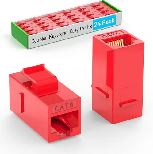 CAT6 RJ45 Keystone Coupler Female to Female Inline Ethernet Jack for Wall Plate and Patch Panel (Red, 24 Pack) 7bgbh