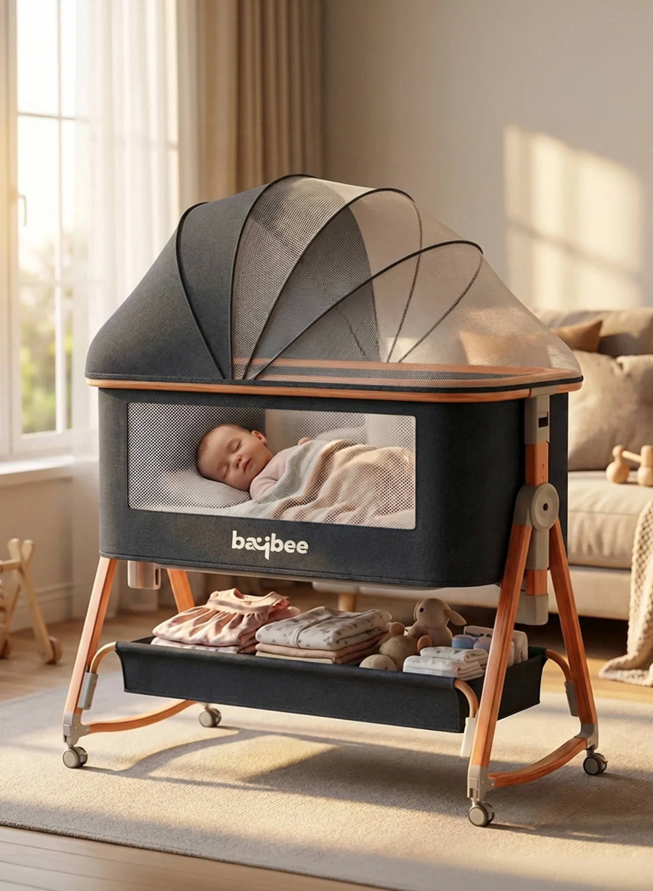 BAYBEE 3-in-1 Portable Bedside Crib with Rocking Mode and Mosquito Net (Black, Adjustable Height) 7rcoq