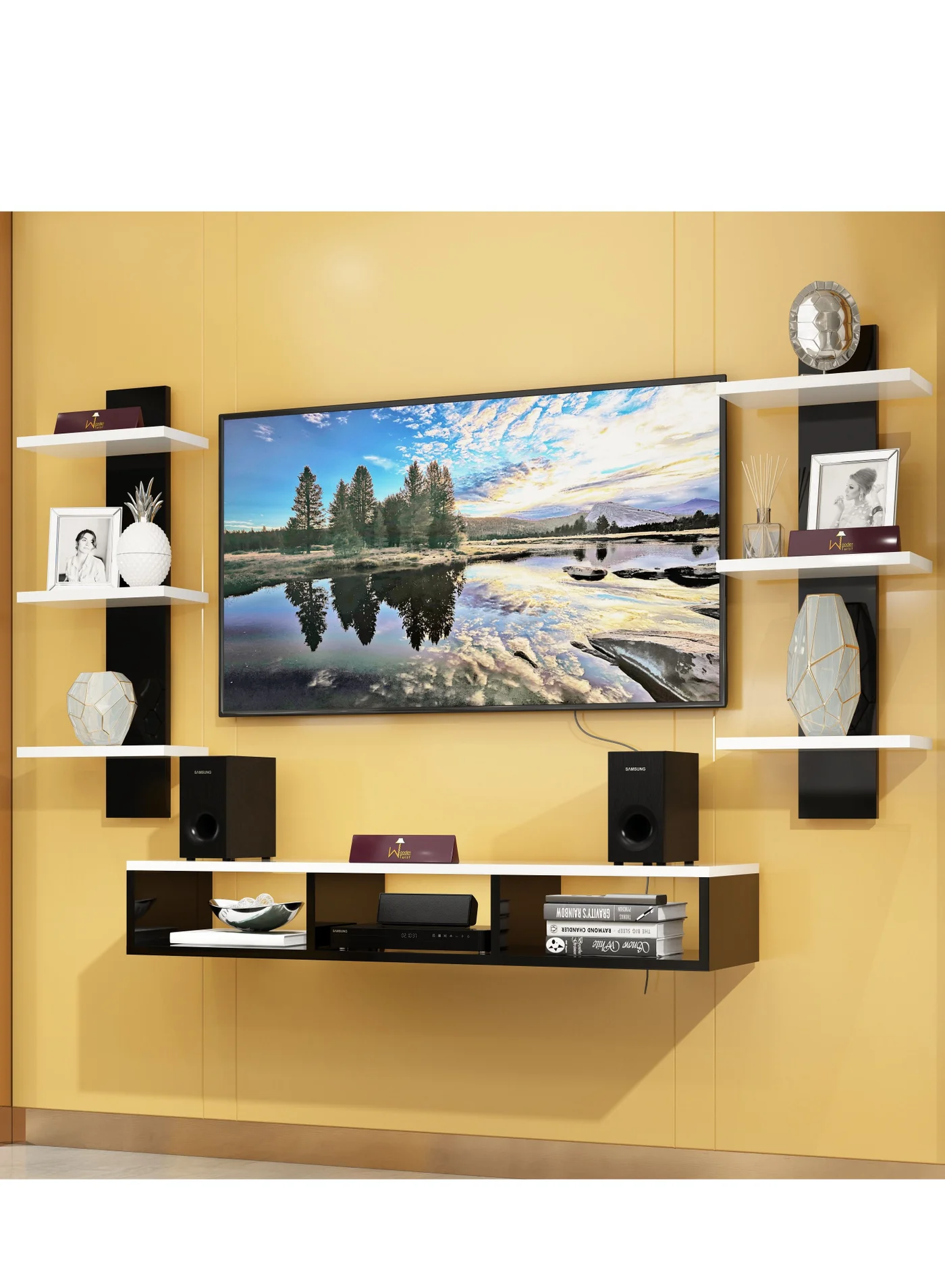 Wooden Twist Wall Mounted TV Unit Floating Media Console with Storage Shelf (Black and White, 120 cm) hfagw