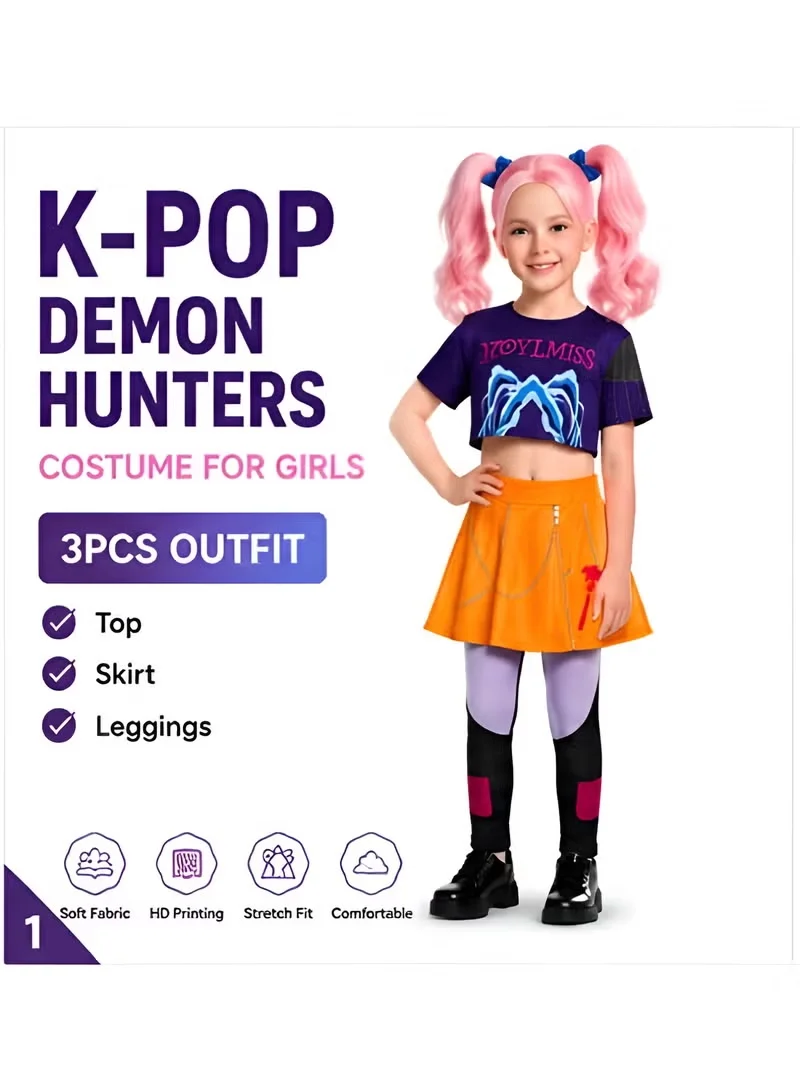 Premium Demon Hunter Cosplay Outfit Set for Kids Girls 3-Piece Costume for Halloween Party and Stage Performance (Size 130cm) 6r2xz