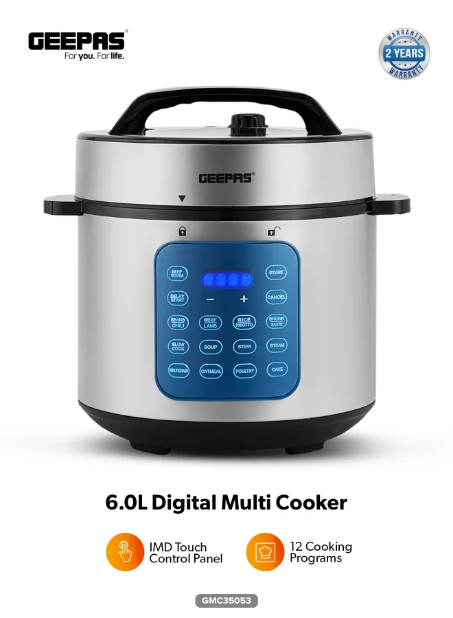 Geepas Digital Multi Cooker with IMD Touch Control Panel and 12 Cooking Programs (Silver, 6 L) yos54