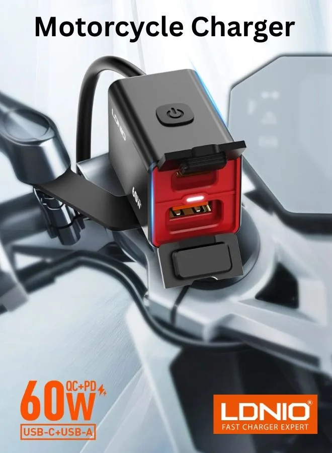 LDNIO Motorcycle Mobile Charger Dual USB Port 60W Fast Charging Waterproof Power Adapter (USB-A & USB-C, 1 Piece) 28ma2