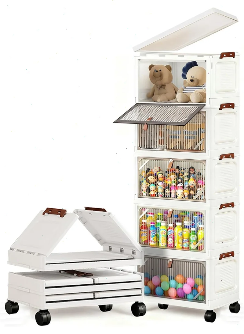 Yoawllty 5 Tier Collapsible Storage Cabinet with Wheels, Stackable Organizer with Front Door for Home Office (White, 5-Tier) o007j
