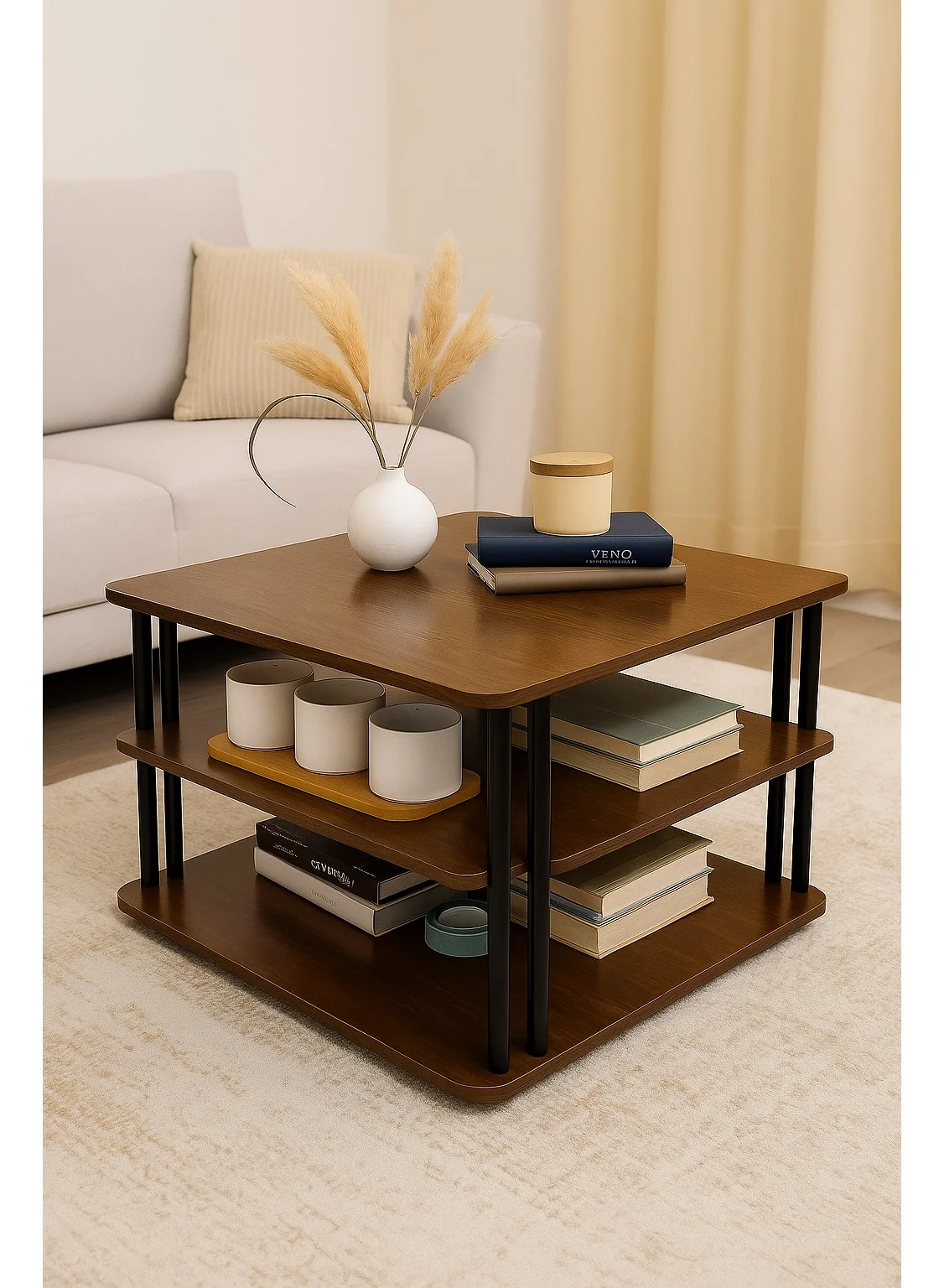 Harmony Home 3-Tier Wooden Coffee Table with Metal Frame - Modern Storage Center Table for Living Room (Brown, 100cm x 50cm x 45cm) vf2dc