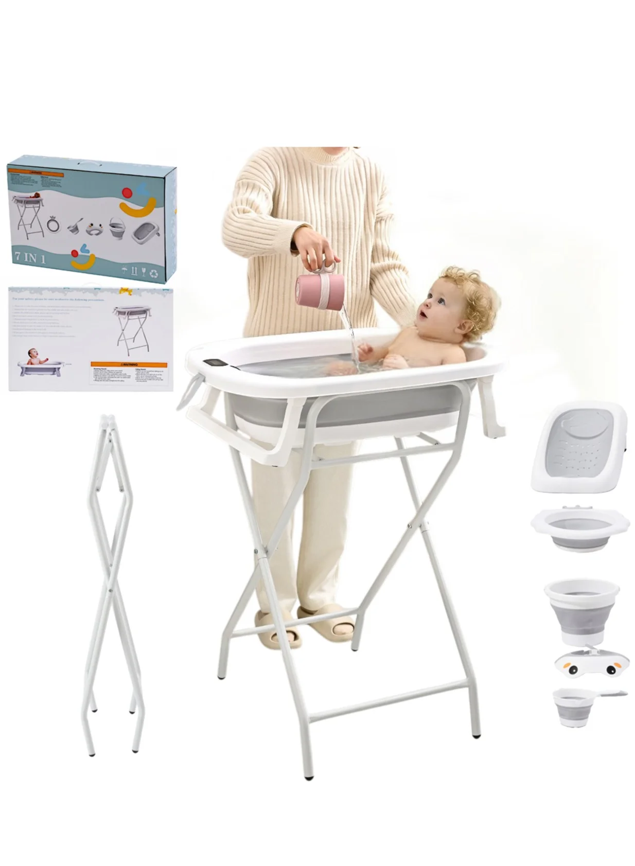 XiuWoo 7-In-1 Baby Bathtub Stand Set Ergonomic Nursing Table with Bathing Accessories (Newborn, 1 Set) xa0ia