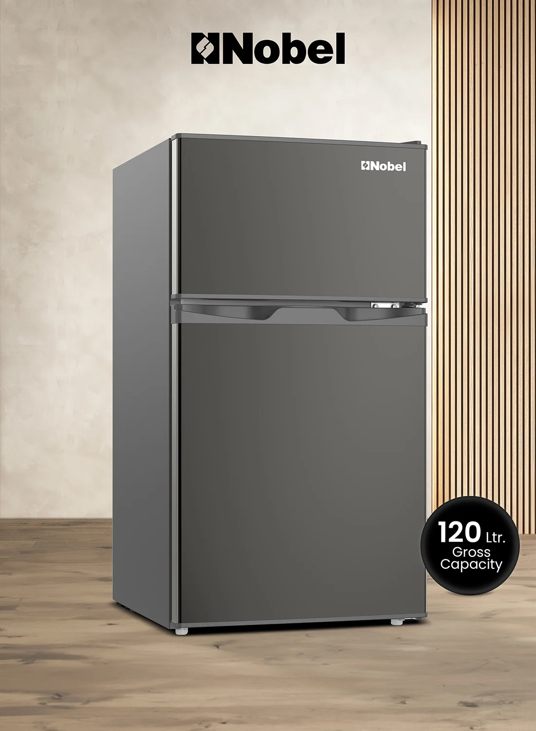 Nobel Double Door Refrigerator with Vegetable Crisper and Mechanical Temperature Control (Dark Silver, 85L Net Capacity) e2nbp