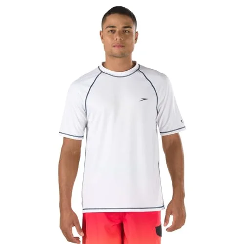 Premium UV Protection Swim Shirt Short Sleeve Loose Fit Tee for Men (White, Large) 6ydsk